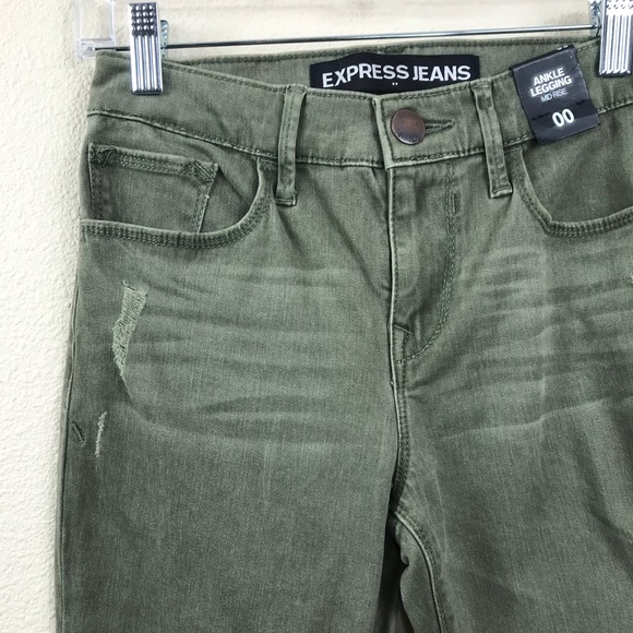 Express Mid Rise Skinny Jeans Jeggings Distressed Olive Green Size 00 - Picture 2 of 5